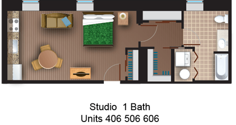 Floor plan for studio, 1 bath, 600 sqft